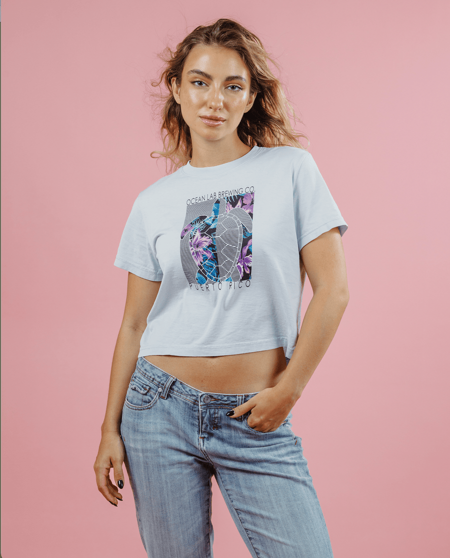 Flowers & Lines Turtle Cropped Ladies Tee - Periwinkle
