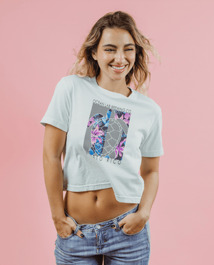 Flowers & Lines Turtle Cropped Ladies Tee - Seaglass