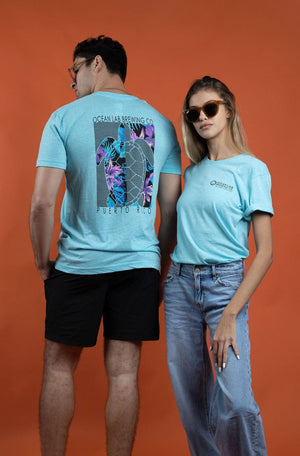 Flowers & Lines Turtle Short Sleeve T-Shirt -Aqua