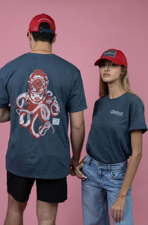 Diver Octopus Short Sleeve T-Shirt- Heather Blue
